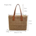 Woven straw tote bag for women, large capacity beach shoulder bag with brown PU handles. - Edge Zipper / Khaki