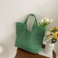 Green straw woven tote bag for women, large capacity beach shoulder bag with handles. - Green