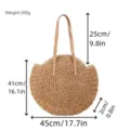 Round straw woven shoulder bag with large capacity, handmade casual beach tote bag. - Khaki