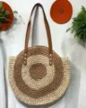 Round straw shoulder bag with brown leather straps, handmade woven beach tote for women. - Off-White with Khaki Core