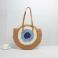Woven Evil Eye Straw Tote Bag Blue Round Shoulder Handbag Summer Beach Bag for Women - Khaki with Blue Core