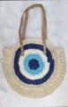 Round straw shoulder bag with evil eye pattern, casual beach woven tote bag for women variant. - Off-White with Blue Core 2