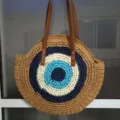 Round straw woven shoulder bag, handmade large capacity casual women beach vacation bag. - Khaki with Blue Core 2