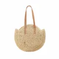 Round straw woven shoulder bag, casual handmade beach tote bag with leather straps, beige. - Off White