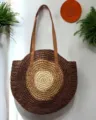 Round straw shoulder bag in brown beige variant, large capacity woven beach tote for women. - Dark Coffee