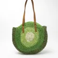 Round straw shoulder bag with cute kiwi fruit design, handmade woven beach tote bag for women. - Gradient Green