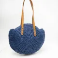 Round straw woven shoulder bag with brown leather straps casual beach vacation handbag - Solid Blue
