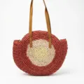 Round woven straw shoulder bag with brown leather handles, casual beach vacation style for women. - Off-White with Red Edge