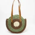 Round straw shoulder bag with kiwi fruit pattern, brown leather straps, casual woven beach bag. - Off-White with Brown-Green Edge