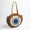 Round Straw Shoulder Bag Woven Tote Beach Bag Blue Contrast Color Casual Handbag for Women - Dark Coffee Off-White Blue Four-Color