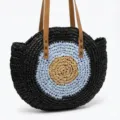 Round straw shoulder bag for women, handmade woven beach bag with double top handles. - Coffee with Black Edge