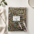 Close-up view of vibrant multicolored Czech glass seed beads in clear packaging bag detail shot. - 2.2-2.4mm / 10-00004