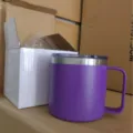 Portable 14oz stainless steel vacuum coffee mug with handle, purple insulated cup. - Deep purple