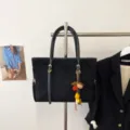 Bolso tote negro de ante retro, gran bolso de hombro informal con colgante elegante. - L / Sin colgante / Negro