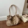 Bolso tote marrón con lunares de gran capacidad estilo coreano, bolso de hombro retro casual. - Sin colgante / M / Caqui