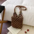 Brown woven macrame bucket bag, stylish hollow out knit handbag with inner pouch for women. - Brown