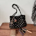 Bolso tote de lona con lunares blancos y negros, gran capacidad elegante bolso casual. - Negro