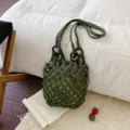 Green macrame woven tote bag stylish cotton net bucket handbag for women daily casual use - Green