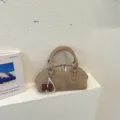 Suede shoulder handbag for women, chic retro top handle bag with pearl bow and metal rings. - With Pendant / 25*9*13cm / Khaki