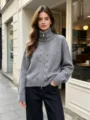 Women's grey knit zip-up cardigan sweater with elegant double-breasted metallic buttons and high collar. - One Size / Tops / Light Gray