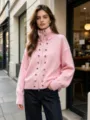 Pink knit cardigan detail featuring a high collar and decorative double-row metal buttons. - One Size / Tops / Pink