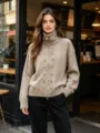 Women Knit Zip Cardigan High Neck Sweater with Metal Button Decoration Casual Outerwear - One Size / Tops / Khaki