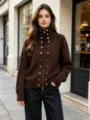 Close-up detail of the women's brown knit cardigan featuring metallic buttons and a high collar. - One Size / Tops / Dark Brown