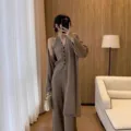 Dames 3-delige gebreide cardigan set, kaki oversize trui en comfortabele broek - Eén maat / Top en Broek / Donkerbruin