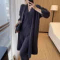 Dames gebreid vest driedelig set, losse casual trui spencer en broek voor de herfst. - Eén maat / Top en Broek / donkergrijs
