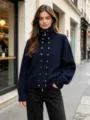 Cardigan zippé en tricot bleu marine pour femme avec boutons en métal et col montant. - Taille unique / Hauts / Bleu foncé