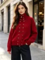 Women's red knitted zip-up cardigan sweater featuring stylish metal buttons and high collar. - One Size / Tops / Red
