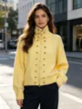 Women yellow knit cardigan with double-breasted metallic buttons, high neck and front zip. - One Size / Tops / Yellow