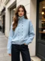 Light blue knit zip cardigan detail, high collar, double-breasted metal buttons fashion look. - One Size / Tops / Light Blue