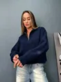 Pull pour femme demi-zip ample tricoté décontracté à manches longues mode automne - Taille unique / Bleu foncé