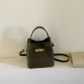 Retro dark green suede leather bucket bag chic minimalist top handle shoulder bag for women - Green (No Charm) / 17*11*17