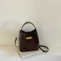 Dark brown suede bucket bag with metal lock, retro minimalist leather shoulder handbag. - Coffee (Without Pendant) / 17*11*17