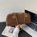 Brown Suede Quilted Barrel Bag, Vintage Gold Chain Shoulder Crossbody Bowling Bag - 32*7*16 / Tea Brown