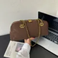 Brown quilted suede shoulder bag with gold chain strap, vintage bowling bag design for women. - 32*7*16 / Chocolate Coffee