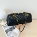 Black quilted leather chain bowling bag, elegant retro vintage style shoulder crossbody bag. - 32*7*16 / Black