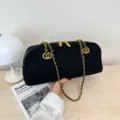 Black quilted bowling shoulder bag with gold chain strap, vintage style chic crossbody bag. - 32*7*16 / Black