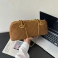 Brown suede quilted bowling bag with chain strap, retro style shoulder bag for women. - 32*7*16 / Saddle Brown