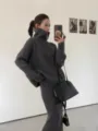 Ensemble pull jupe col roulé demi-zip style décontracté femme automne hiver tricot. - Taille unique / Haut Et Bas / Gris foncé