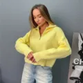 Pull-over en tricot ample de couleur unie à demi-fermeture éclair décontracté pour femme - Taille unique / Jaune