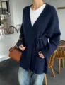 Dames gebreid vest met riem trui jas casual lange mouw winter bovenkleding mode chic - Eén maat / Tops / Donkerblauw