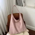 Pink suede hobo shoulder bag for women, stylish minimalist casual commuting handbag. - Pink