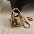 Modische Leopardenmuster Eimer Tasche im Retro Stil, trendige Handtasche mit Schultergurt. - Ohne Anhänger / Khaki