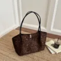 Korean style retro leopard print tote bag with double black handles, large capacity casual chic. - Leopard Print