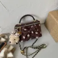 Brown polka dot shoulder bag with cute bow and bear pendant, stylish box handbag for women. - Coffee (Tiger Eye Texture)