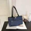 Casual tsanta tote denim me potsaki, kompsh tsanta omou me kleidoma asfaleias. - Μπλε