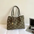 Dark green polka dot tote bag, large capacity suede single shoulder bag for women commuter. - Green